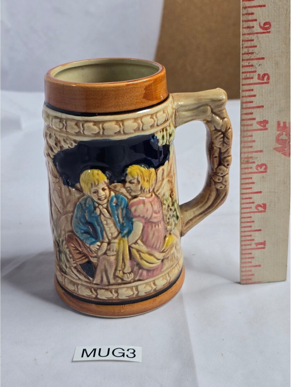 Vintage Ceramic Beer Stein Mug 5.5" Japan Relief Courting Couple